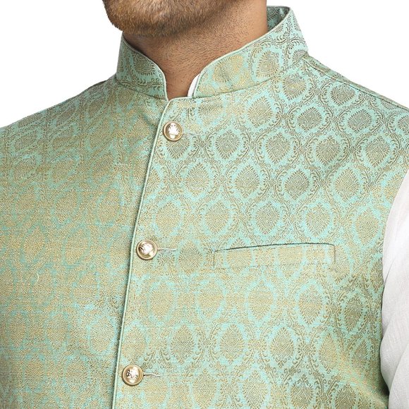 Sleeveless Traditional Brocade Silk Turquoise Green Nehru Jacket by Treemoda - Picture 4 of 5